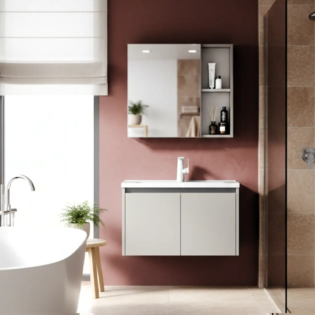 Gabinete Superior Para Baño Con Espejo 65×11×60 Cm Carbon Fiber Color Beige Crema 2