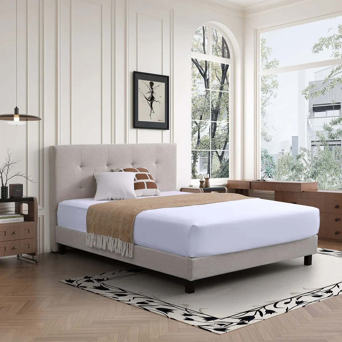Camas Fáciles De Armar Color Beige Respaldar Cabecera Acolchado Alto 1