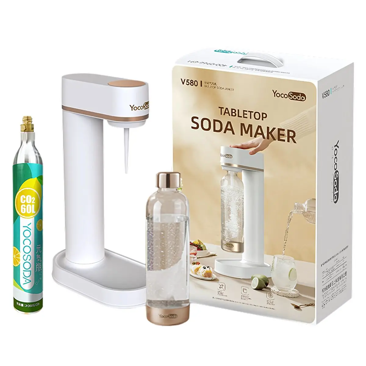 Máquina De Agua Con Gas Automática. Color Blanco 1L. Para Hacer Refrescos Carbonatados Estilo Sodastream Soda Maker. Incluye Cilindro De Co2. Yocosoda 1