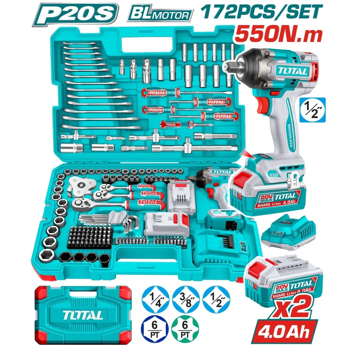 Combo Del Mes Total 20V Llave De Impacto Dado Cuadrado 1/2" 550Nm.  Set De Herramientas 172 Piezas.  Batería 4.0Ah Y Cargador Pocas Unidades. 1