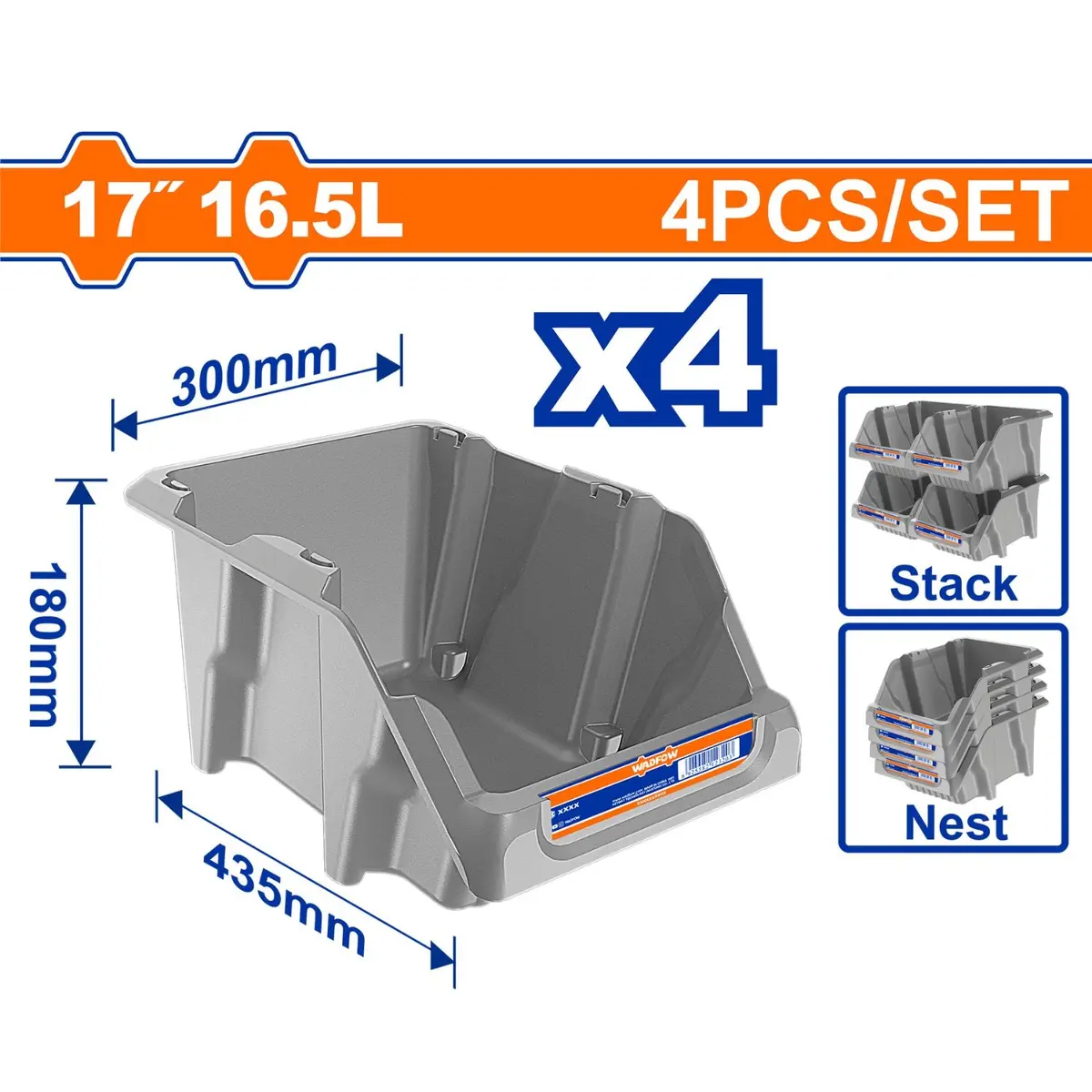 Caja De Plástico Apilable Organizador 17” (16.5L) 435 X300 X180mm Ideal Para Encajar, Apilar Y Bloquear. Set 4 Pzas. 1