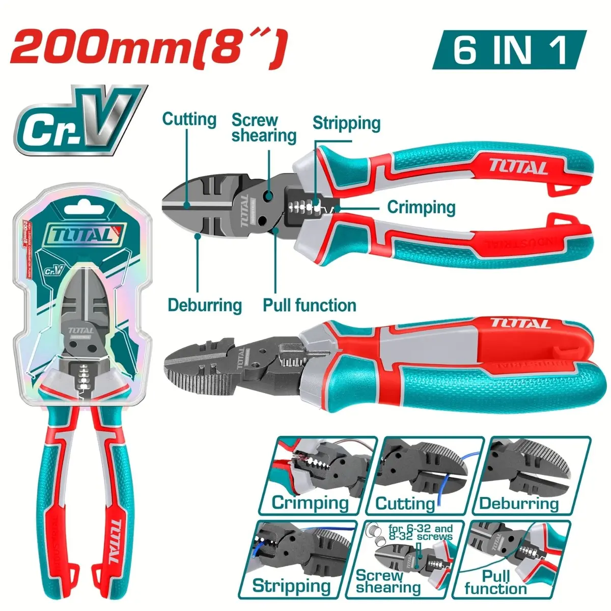 Alicate De Corte Diagonal 8” 6 En 1 Cr-V. Mango Ergonómico Diseño Multifunción. 1