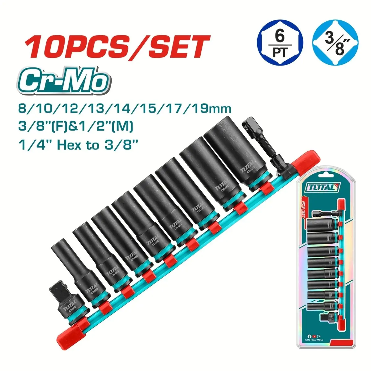 Dados Socket De Impacto 3/8″  8-19Mm. Cr-Mo. Tratamiento Térmico. Set De 10 Piezas. 1