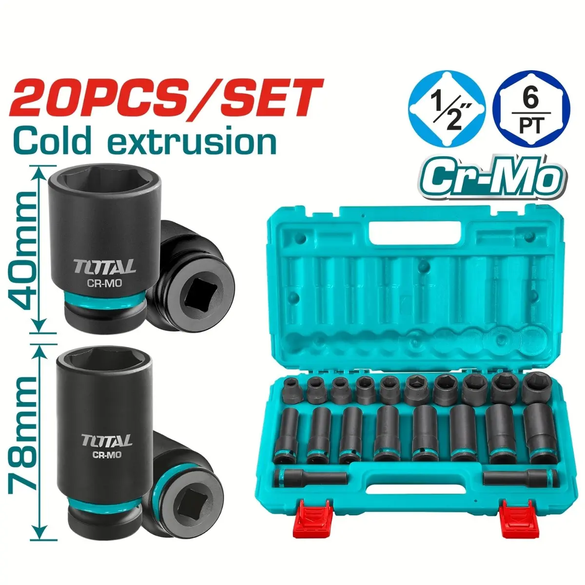 Dados Socket De Impacto ½”  10-24Mm Long 78Mm Cr-Mo Set 20 Piezas 1