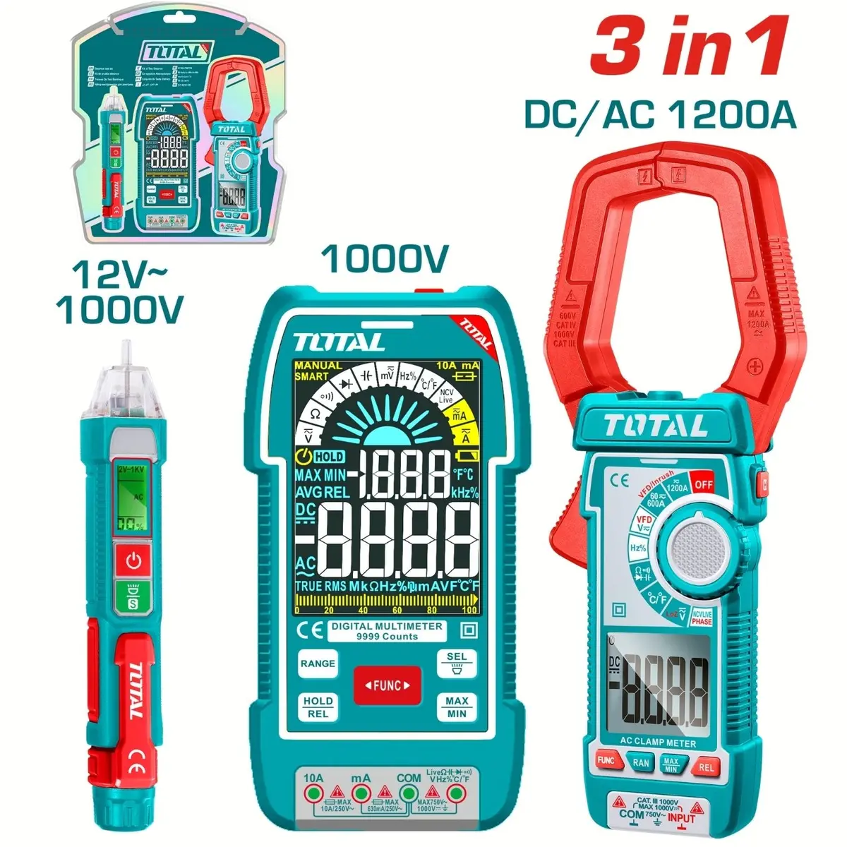 Pinza Amperimétrica Digital 1 200 A Ac/Dc, Multímetro 1000 V Y Detector De Voltaje 12 V–1 000 V Pruebas Eléctricas. Set De 3 Piezas. 1