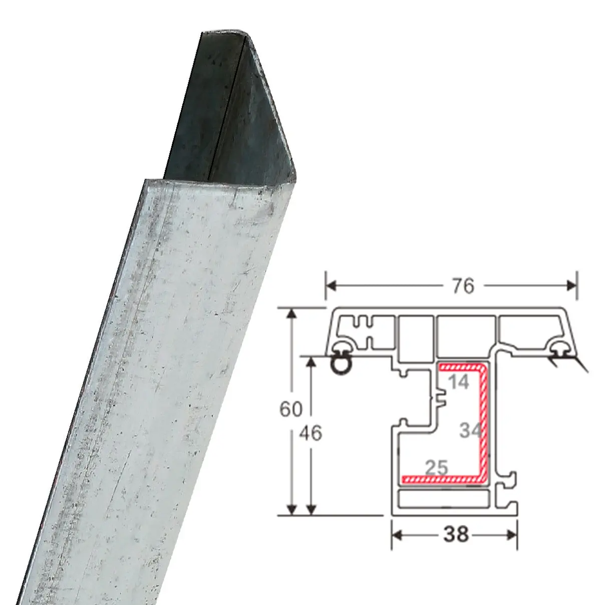 Refuerzo De Acero 1.2Mm Perfil "U" 14×34×25Mm Para Hoja De Ventana Apertura Externa  Hat003 Serie Abatible Upview 60Mm 5.9M 1