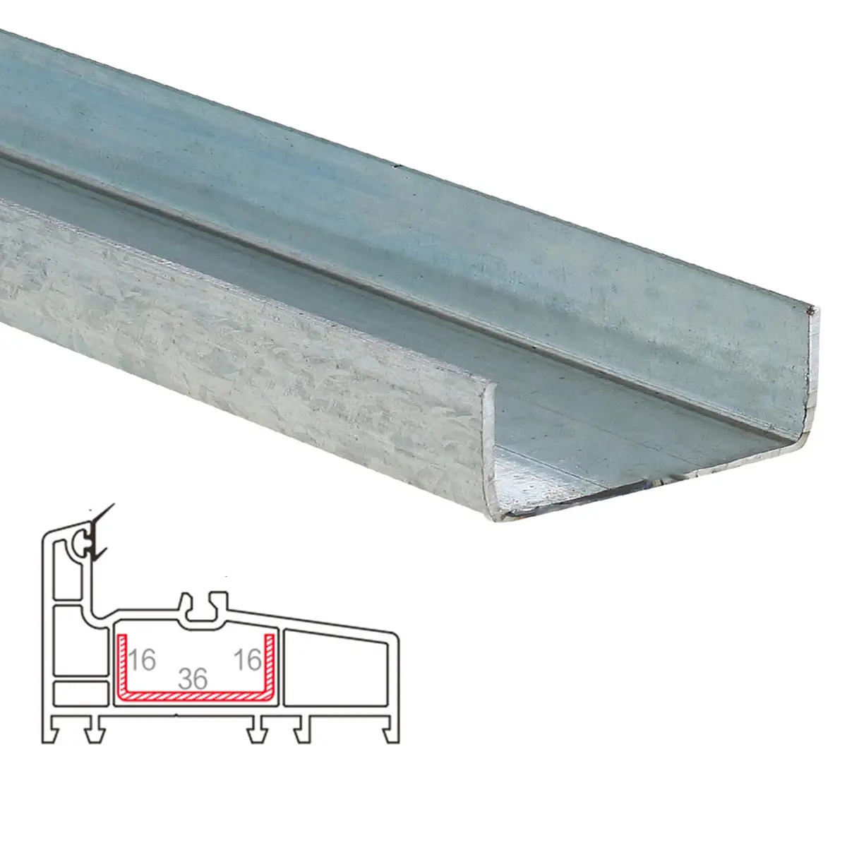 Refuerzo De Acero 1.2Mm Perfil "U" 16×36×16Mm Para Marco Fijo Hat017 Serie Corredera Carbone Upview 80Mm 5.9M 1