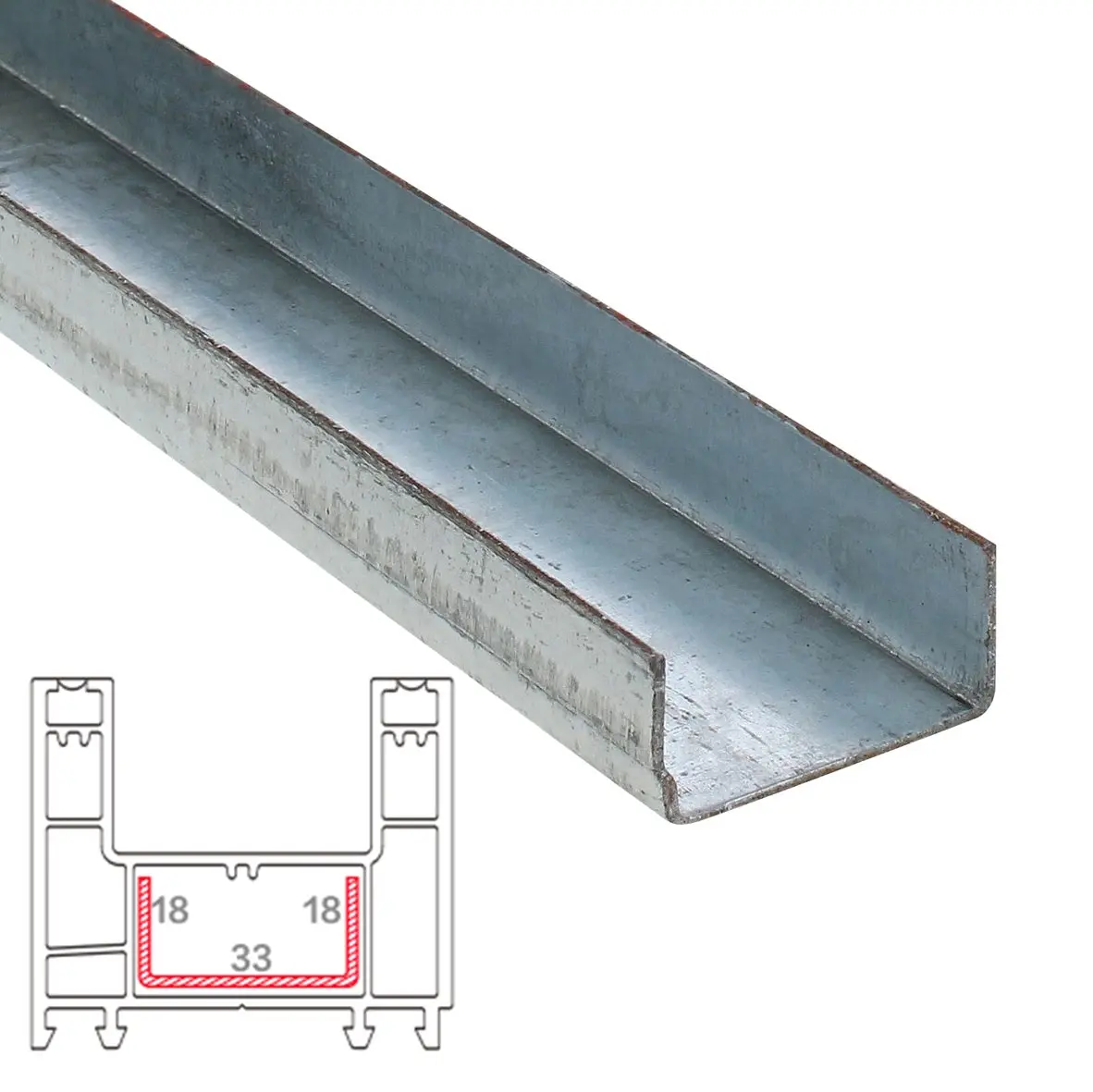 Refuerzo De Acero 1.2Mm Perfil "U" 18X33x18mm Para Riel Marco Perimetral Hat020 Serie Corredera Carbone Upview 60Mm 5.9M 1