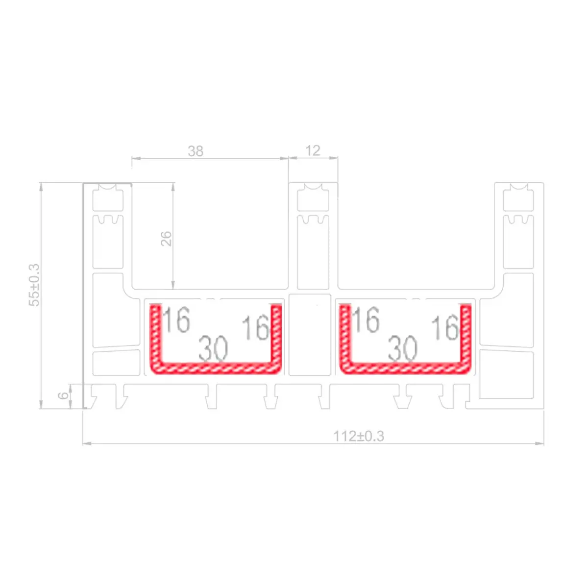 Refuerzo De Acero 1.2Mm Perfil "U" 16X30x16mm Para Riel Marco Perimetral 3 Vias 112Mm Hat021 Serie Corredera Carbone Upview 60Mm 5.9M 2