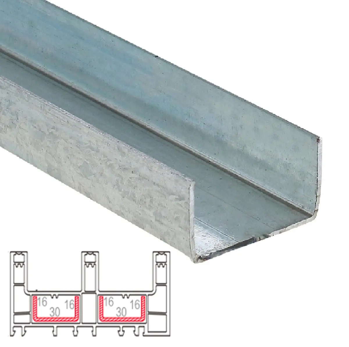 Refuerzo De Acero 1.2Mm Perfil "U" 16X30x16mm Para Riel Marco Perimetral 3 Vias 112Mm Hat021 Serie Corredera Carbone Upview 60Mm 5.9M 1