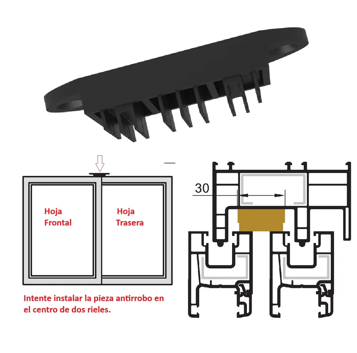 Tope Negro De Seguridad Antirrobo Para Ventanas Corredizas De Perfiles Upvc Evita Aperturas No Deseadas, Anti-Theft Piece 76.4Mm Upvc 2