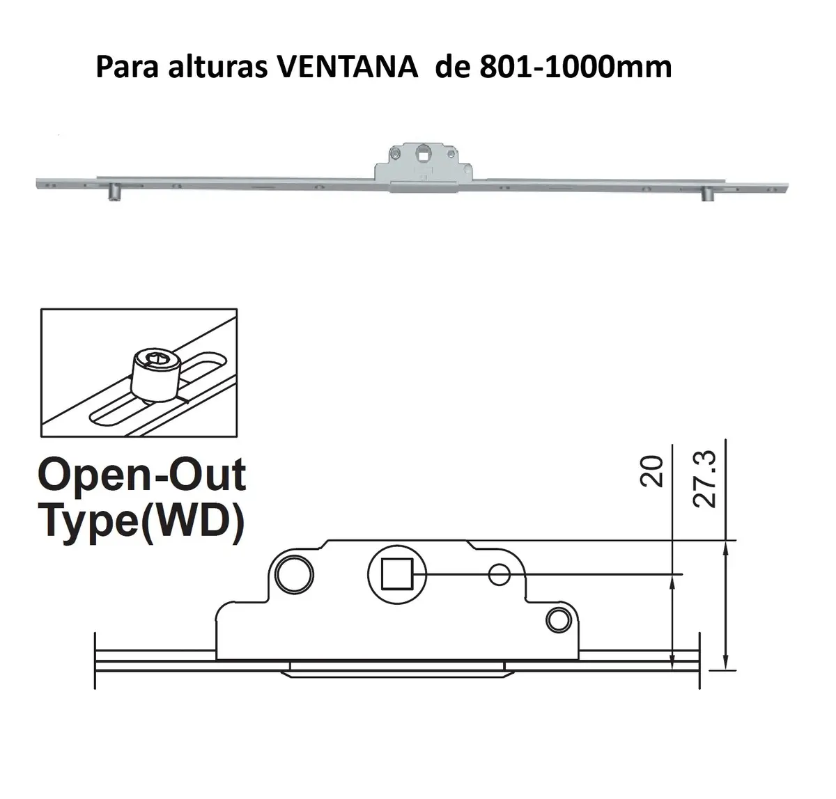 Barra De Transmisión Para Ventanas Apertura Externa Proyección Upvc Y Aluminio (Altura Max. 801-1000 Mm) 1