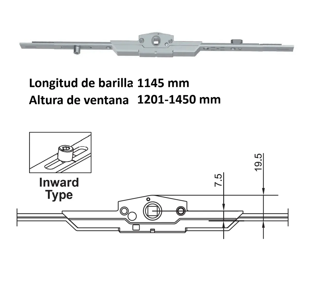 Barra De Transmisión Para Ventanas Apertura Oscilobatiente Upvc Y Aluminio (Altura Max. 1201-1600Mm) 1
