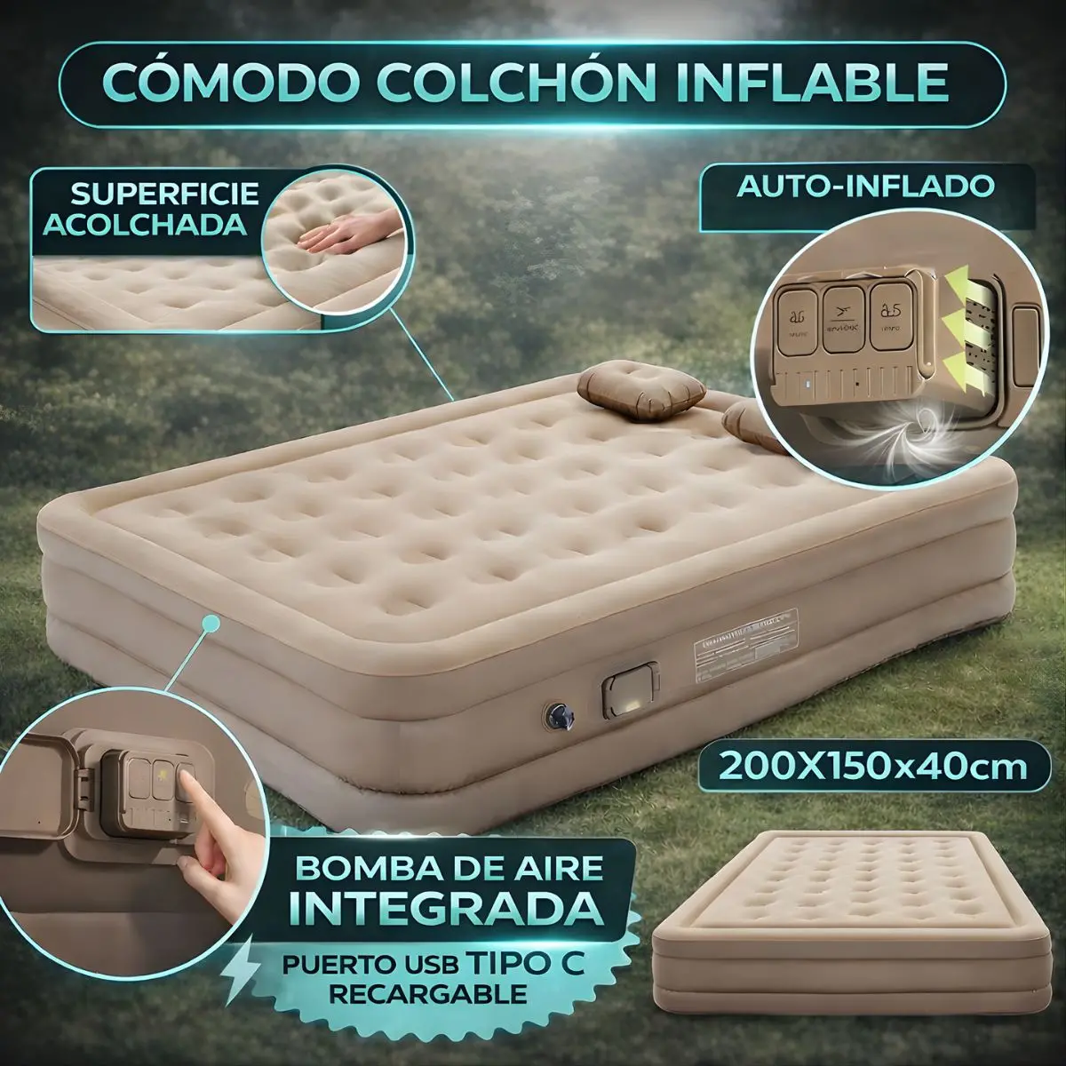 Colchón Inflable Con Bomba Eléctrica Inalámbrica Incorporada (Queen). (200×150×40Cm). Colchón De Aire Automático Y Portátil. Cama De Aire Con 2 Almohadas. Carga Tipo C. 1