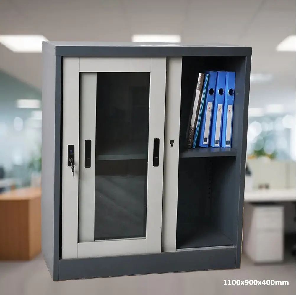 Mueble Metalico Gabinete Armado Estructura Plegable Dos Repisas Con Puerta Corredera De Vidrio 1100X900x400mm 2