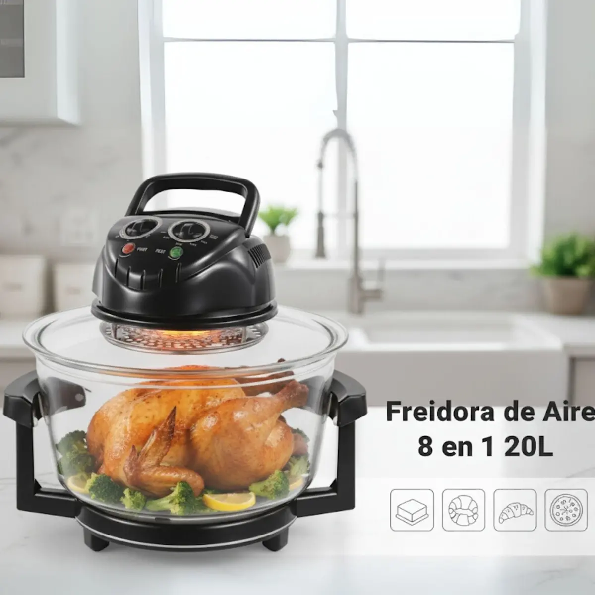 Air Fryer De Vidrio 8 En 1. 20L 1300W Horno Halógeno Multifunción Para Asar, Horneary Freír Sin Aceite 1