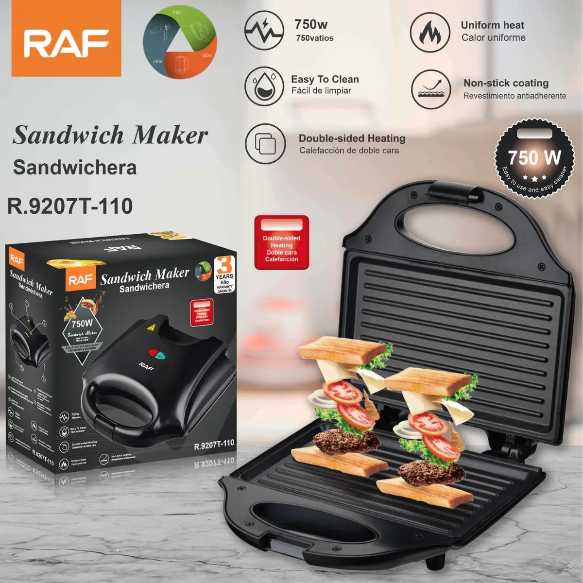 Sandwichera Eléctrica 750W 110V. Parrilla Multifuncional Antiadherente De Doble Calor Para Sándwiches Y Paninis Crujientes. 1