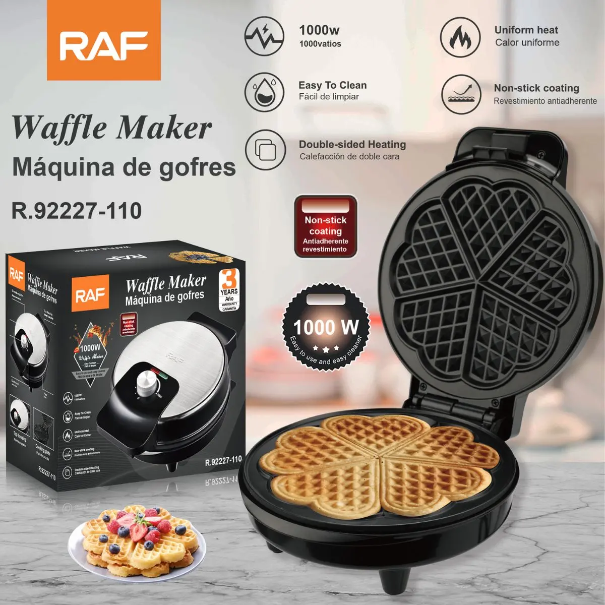 Waflera Eléctrica 1000W 110V. Máquina Antiadherente De Doble Calor Para Waffles Crujientes Y Uniformes. 1