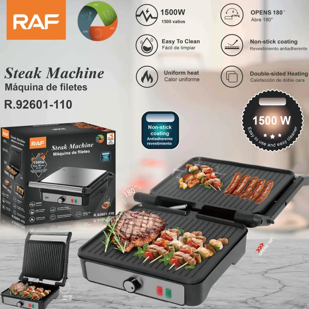 Parrilla Eléctrica 1500W 110V. Plancha Antiadherente De Doble Cara Que Abre 180°. Asador Ideal Para Carnes Y Filetes. 1