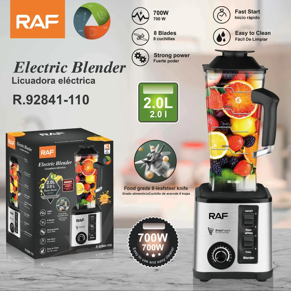 Licuadora Eléctrica De 700W 110V. Vaso De 2.0 Litros Con 8 Cuchillas De Acero. Potente Y Rápida. 1