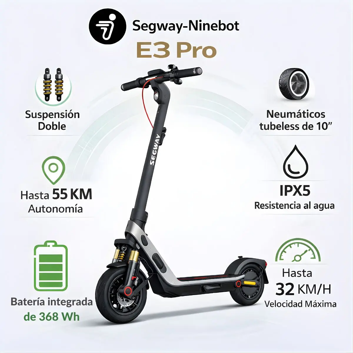Scooter Segway Ninebot E3 Pro. Monopatín Eléctrico. Autonomía Hasta 55 Km. 1