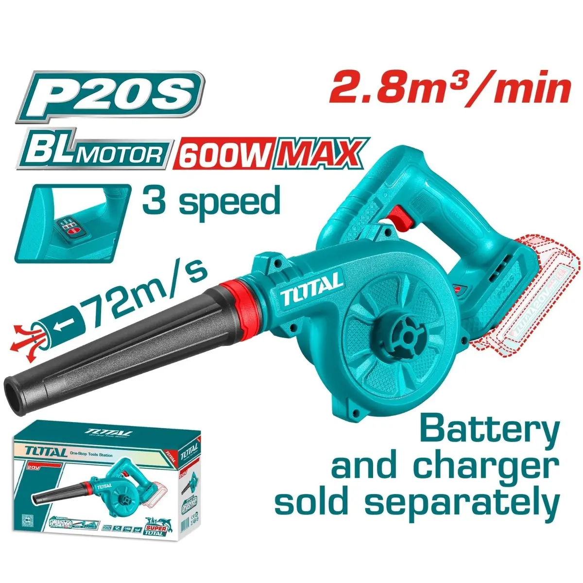 Soplador Inalámbrico 20V 19500 Rpm Motor Sin Escobillas. 3 Velocidades. No Incluye Batería Ni Cargador. 1