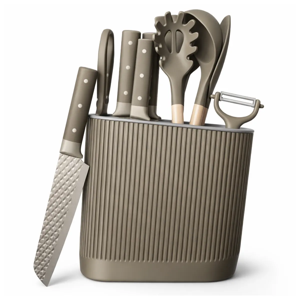 Utensilios De Cocina Y Cuchillos Color Verde Set De 11 Piezas Con Soporte. Diseño Texturizado Antiadherente. 1