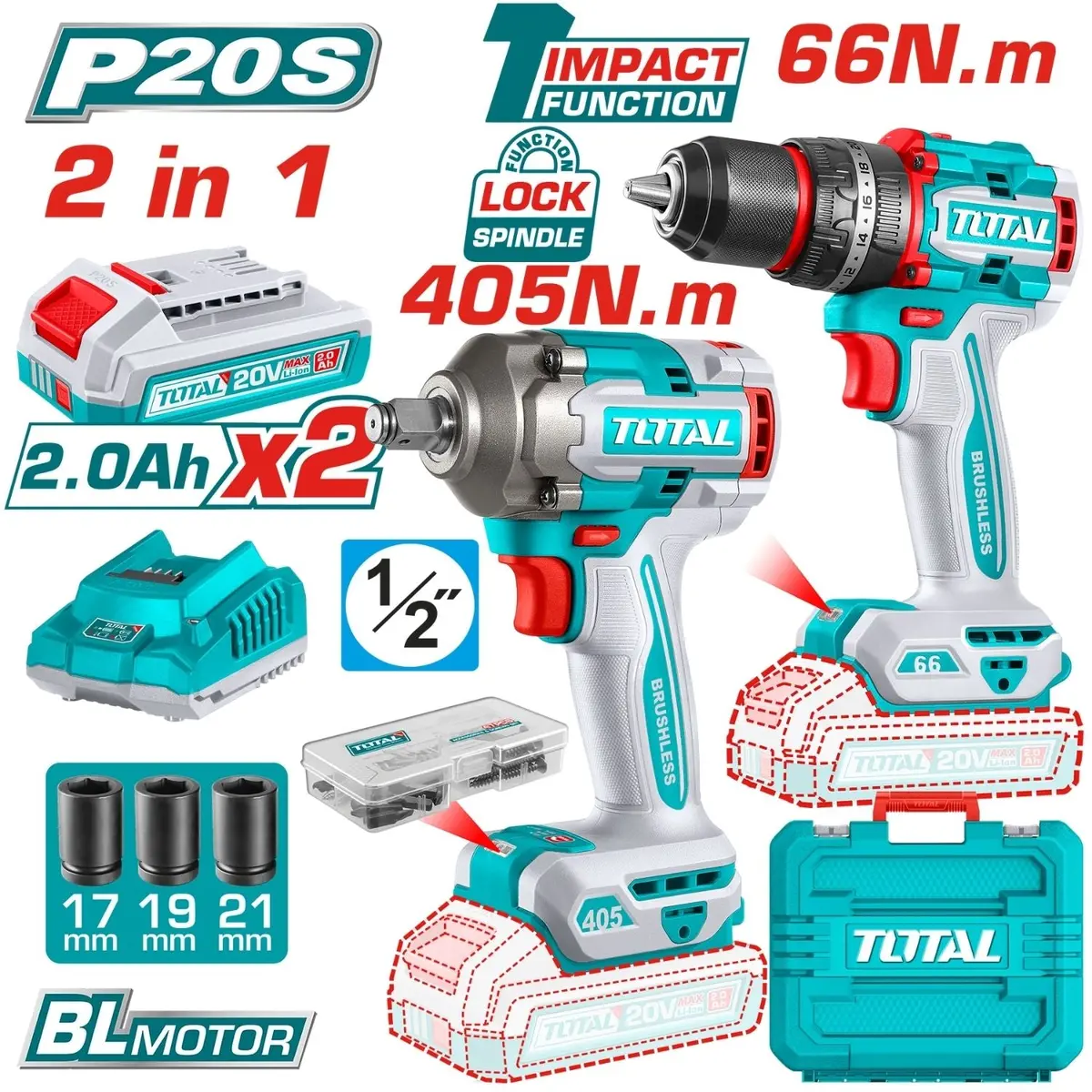 Combo Total 20V Taladro Impacto Y Llave De Impacto 20V Inalámbricas Poderosas Y Potentes Con Batería Y Cargador. Combos Pocas Unidades 1
