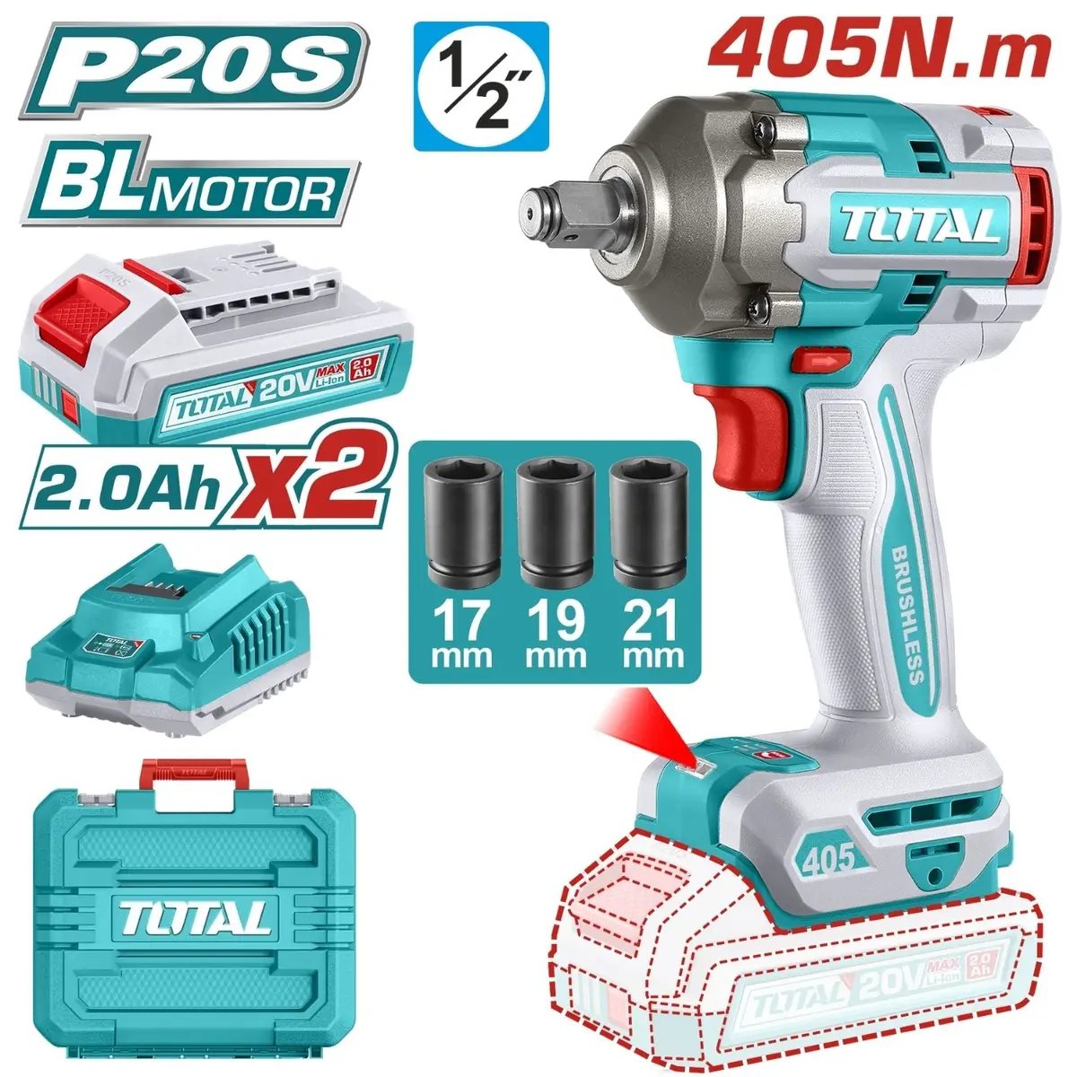 Llave De Impacto Dado Cuadrado 1/2" 20V 405Nm. Incluye  2 Baterías  Y 1 Cargador. 1