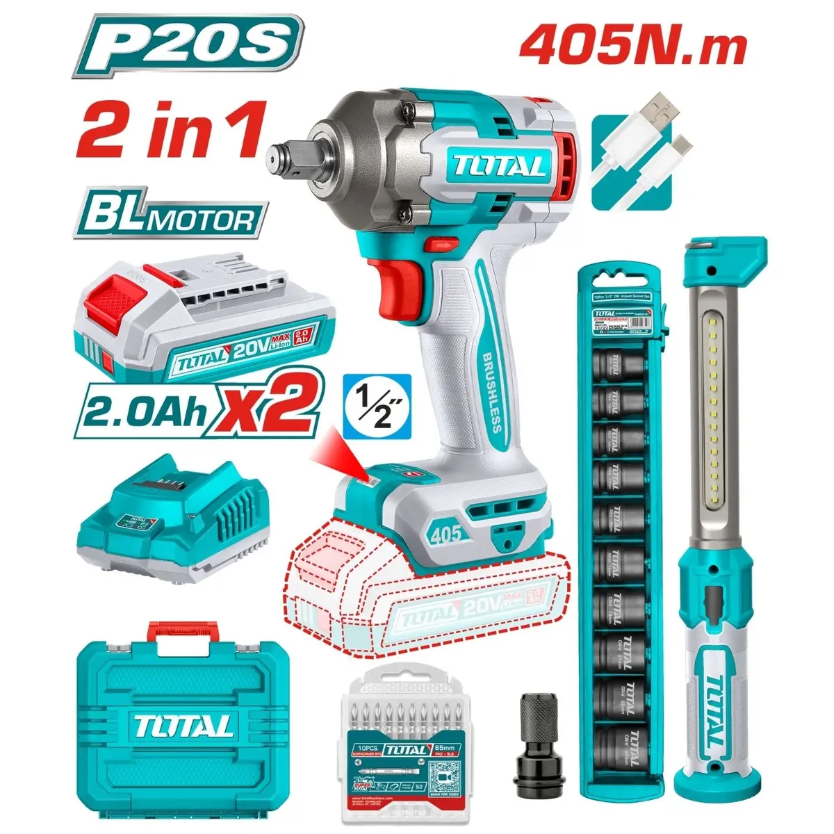 Combo Total Llave De Impacto Inalámbrica 20V 1/2" 405Nm 2400Rpm Motor Sin Escobillas Con Lámpara De Trabajo 3.5W Y Accesorios. Pocas Unidades 1