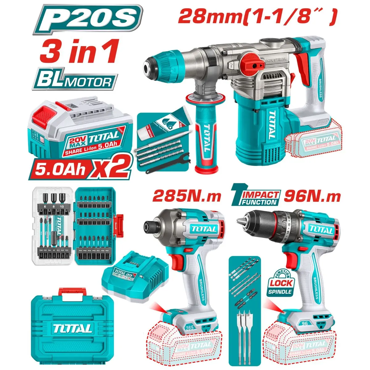 Combo Del Mes Total Inalámbrico. Martillo Perforador 4.5 J, Taladro Percutor 96 Nm Atornillador 6.35 Mm Incluye Cargador Y Baterías. Pocas Unidades. 2