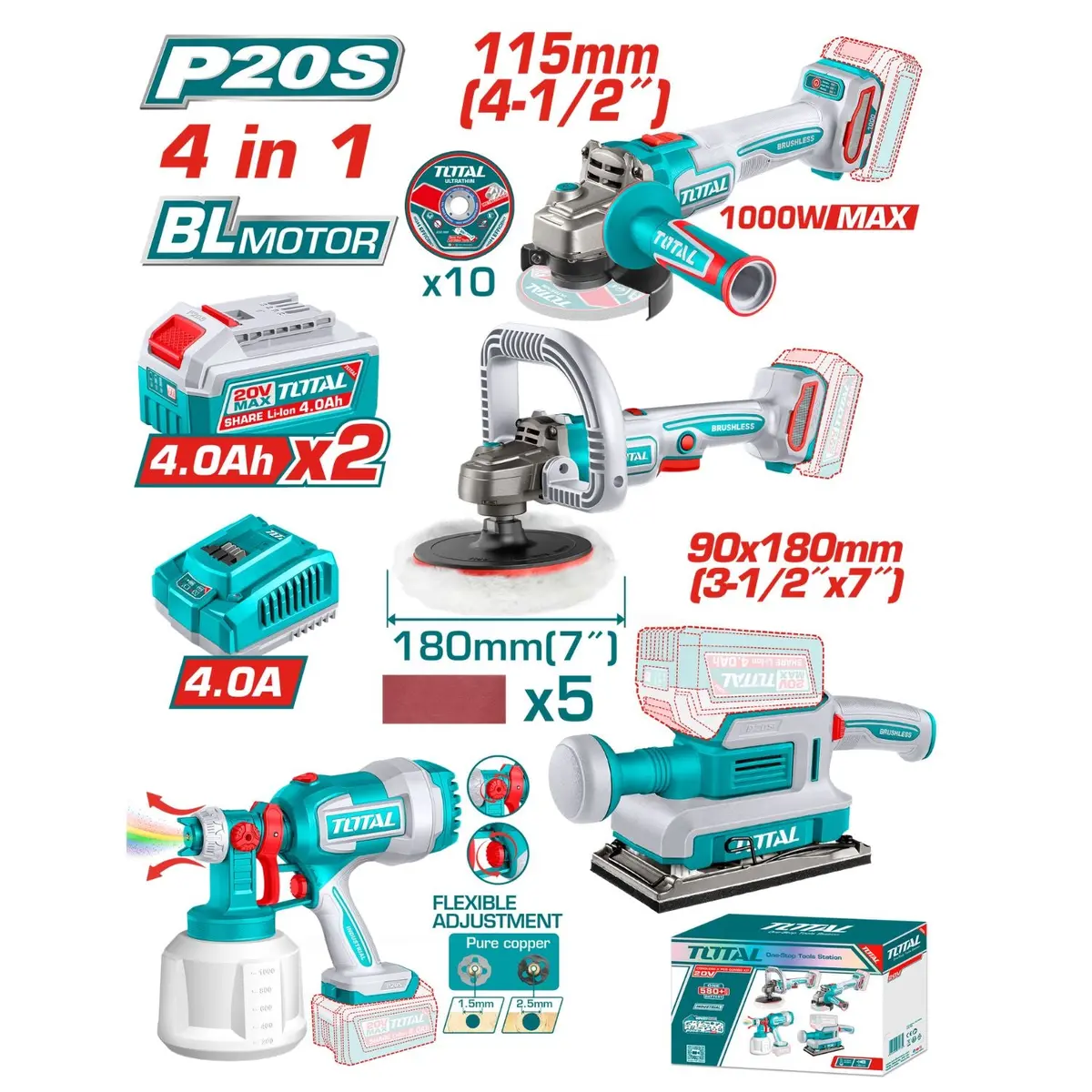 Combo Del Mes Total Inalámbrico. Esmeriladora Angular 1000 W 4-1/2'', Pulidora Inalámbrica 5/8''-11Unc, Lijadora 13000 Rpm Pistola De Pintura 800Ml Incluye Cargador Y Baterías. Pocas Unidades. 2