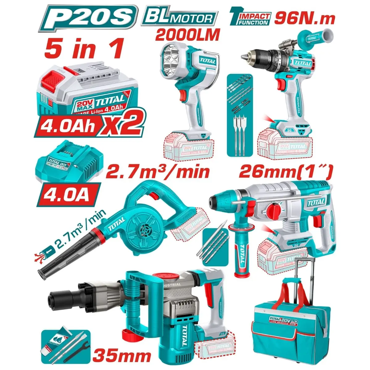 Combo Total 20V Martillo Rotativo 2.5J Martillo Demoledor 16J Sopladora 18,000 Rpm Taladro Percutor 96Nm Lampara De Trabajo 22.5W Incluyen Accesorios. Pocas Unidades 1
