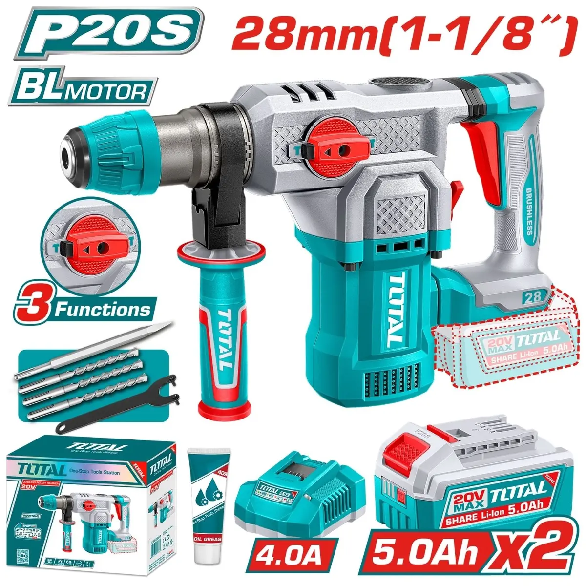 Taladro Rotomartillo 20V 930Rpm. 4400 Bpm. Perfora 28Mm En Concreto. Incluye Batería ,Cargador Y Accesorios. 1