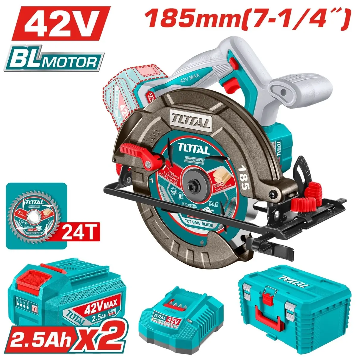 Sierra Circular 42V Disco 7-1/4'' (185Mm) Motor Sin Escobillas.  4800Rpm Corte 45°-45 Mm Y 90°- 65 Mm. Incluye 2 Baterías,1 Cargador Y Accesorios. 1