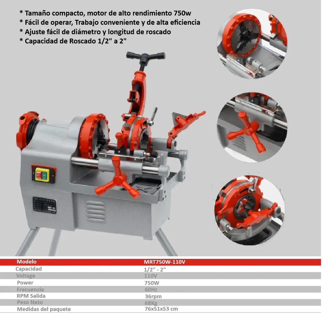 Máquina Roscadora De Tubo Automática 1/2" A 2" 750W/110V-60Hz 28Rpm 1