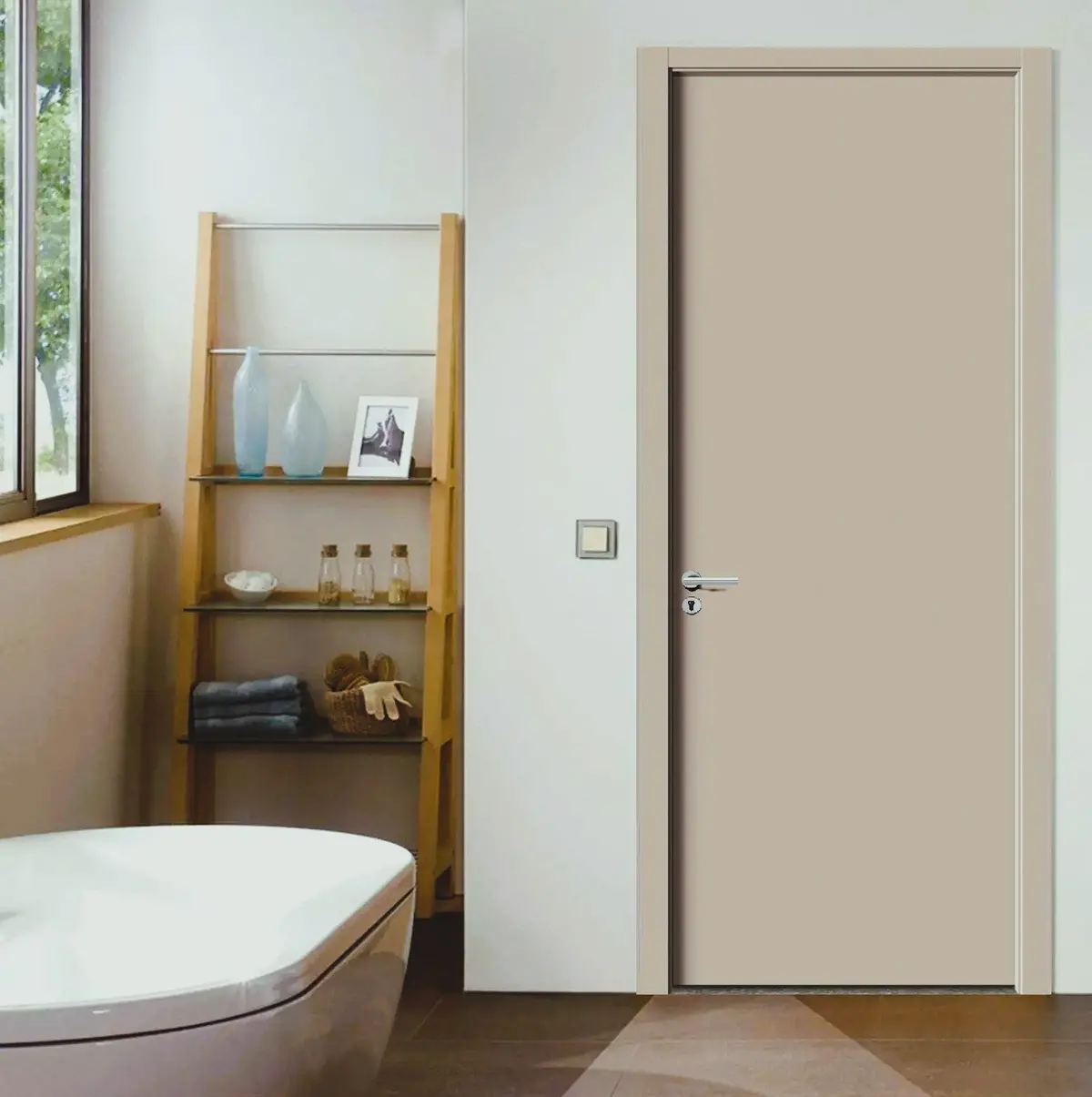 Puerta Wpc 45Mm Madera Interior Beige Crema 85X215cm Incluye Marco Completo Y Herrajes Silver. Altisima Calidad Y Resistencia 1