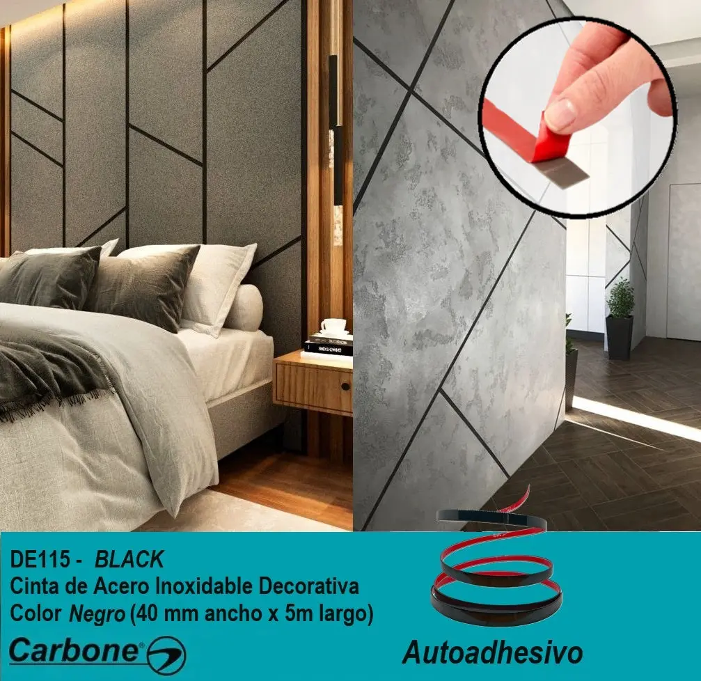 Cinta De Acero Inoxidable Negro Brillante Tira Autoadhesiva Decorativa Delgada 2 Cm X 5M Largo Para Marmol Pvc 1