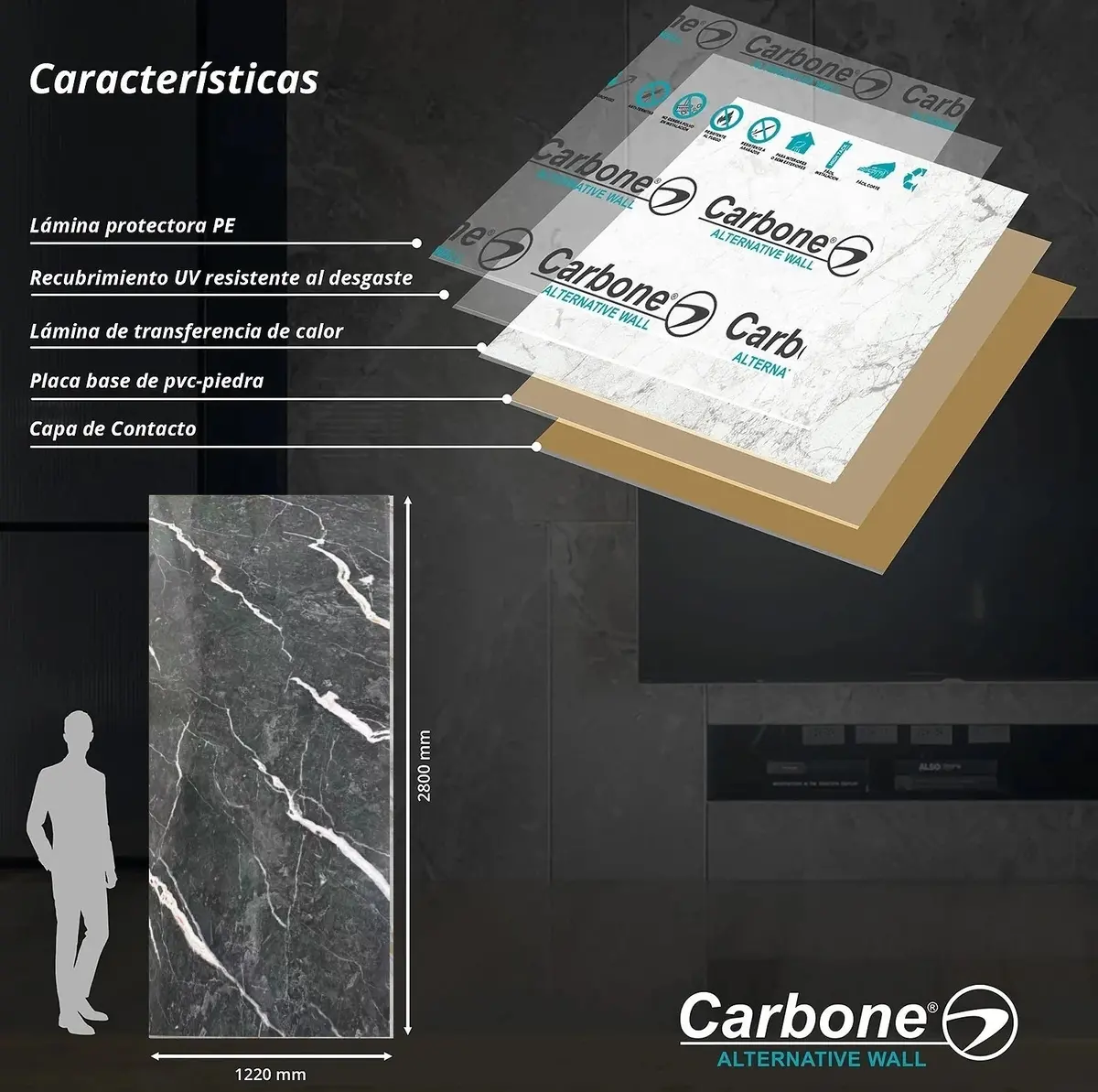 Panel Decorativo Mármol Pvc  1.22 M X 2.80 M X 3 Mm Marmol Black White 1