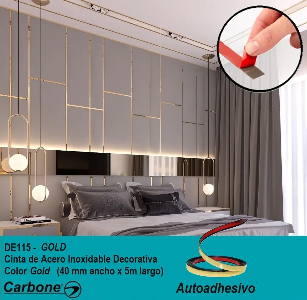 Cinta De Acero Inoxidable Gold Brillante Tira Autoadhesiva Decorativa Delgada 2 Cm X 5M Largo Para Marmol Pcv 1
