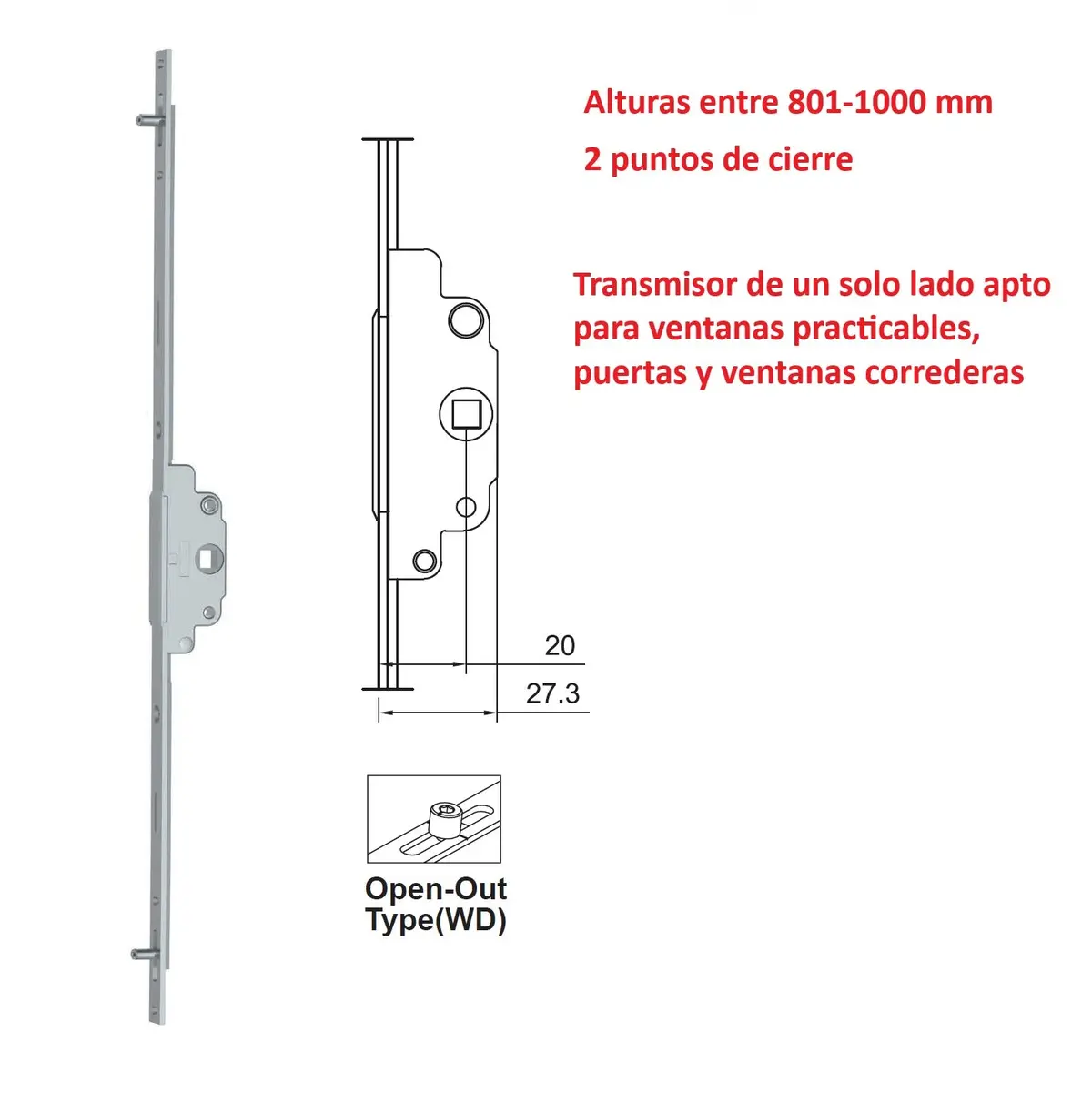 Barra De Transmisión Un Solo Lado Para Ventanas Abatibles Y Correderas Upvc Y Aluminio (Altura Max. 800-1000Mm) 1