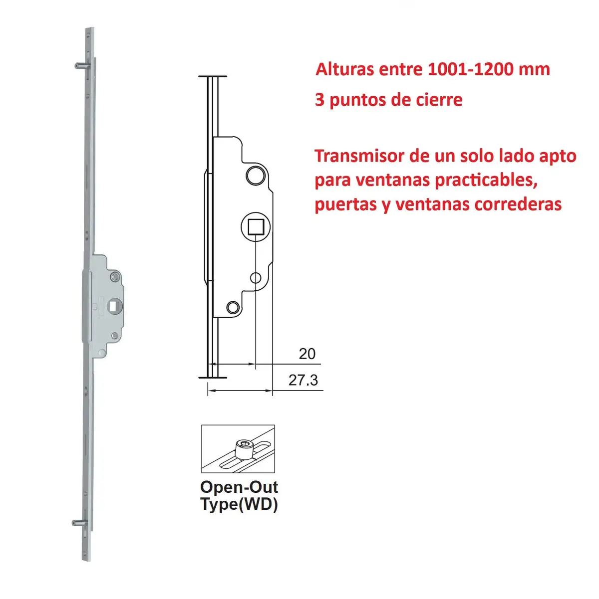 Barra De Transmisión Un Solo Lado Para Ventanas Abatibles Y Correderas Upvc Y Aluminio (Altura Max. 1000-1200Mm) 1