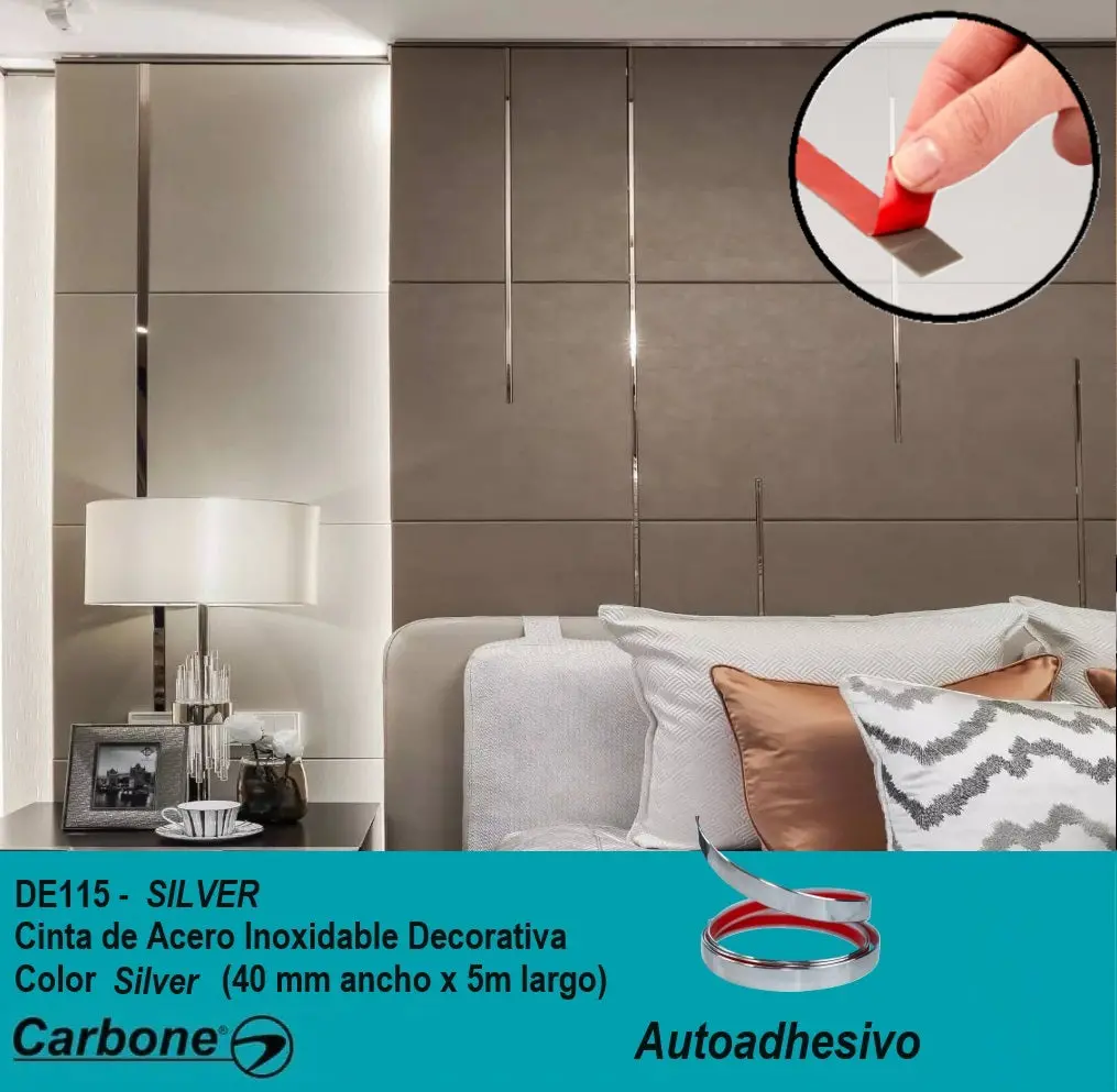 Cinta De Acero Inoxidable Silver Brillante Tira Autoadhesiva Decorativa Delgada 2 Cm X 5M Largo Para Marmol Pcv 1