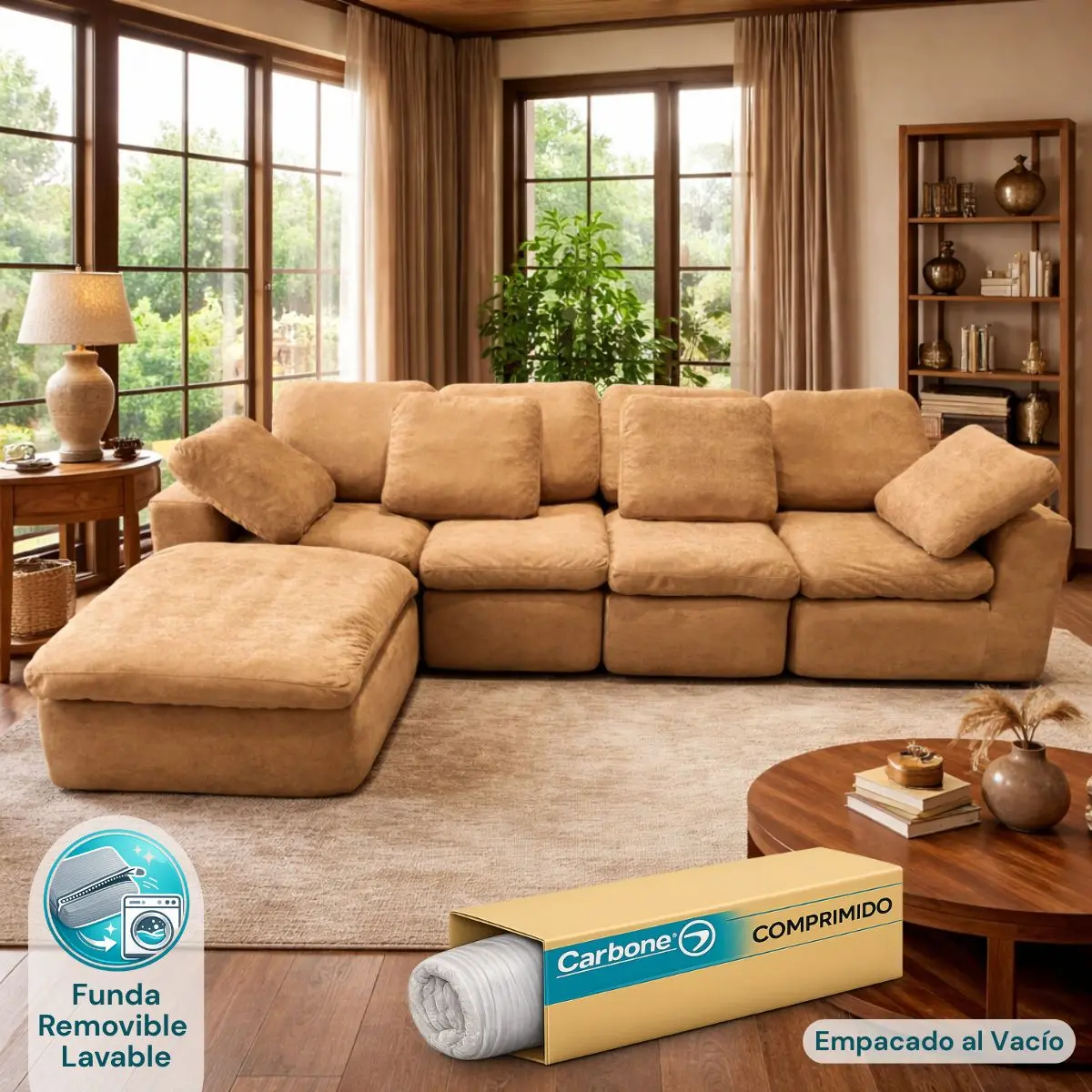 Sofá En L Empacado Al Vacio Memory Foam De Alta Densidad 310X200x70cm Color Terracota Tostado 1
