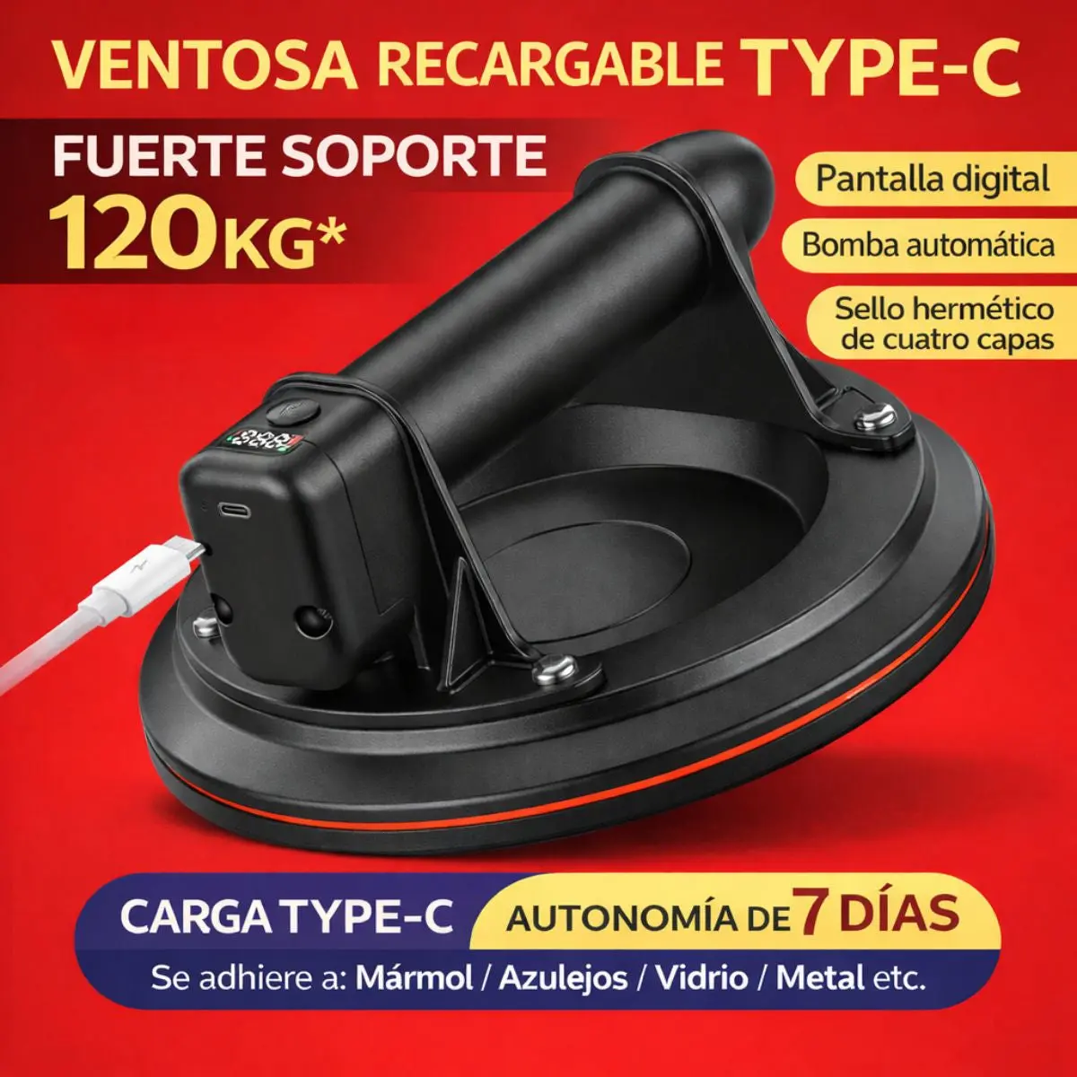 Ventosa Eléctrica 8" Recargable 120Kg. Bomba Automática Con Pantalla Digital. Succionador Chupas Para Mármol, Vidrio Y Azulejos. 1