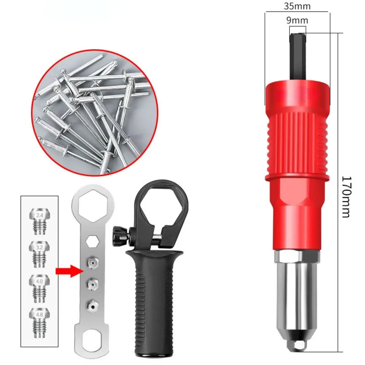 Remachadora Adaptador Para Taladro Eléctrico En Acero Aleado. Conversor De Remache Tipo Pistola Con Eje Hexagonal. Incluye Boquillas 2.4/3.2/4.0/4.8 Mm Y 50 Remaches. 1