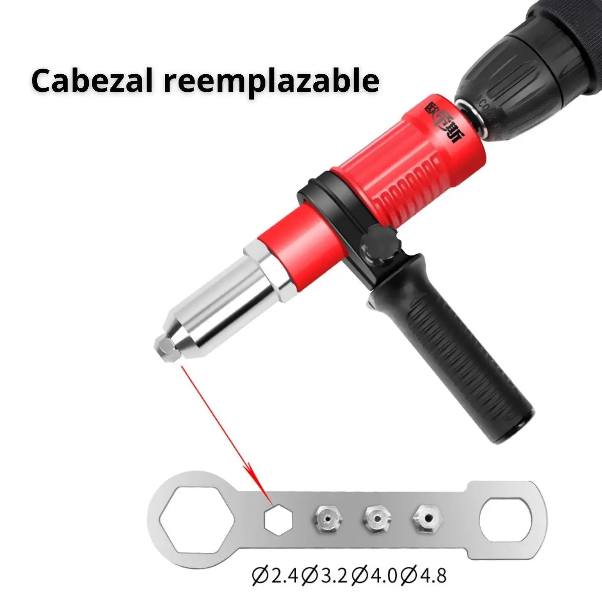 Remachadora Adaptador Para Taladro Eléctrico En Acero Aleado. Conversor De Remache Tipo Pistola Con Eje Hexagonal. Incluye Boquillas 2.4/3.2/4.0/4.8 Mm Y 50 Remaches. 2