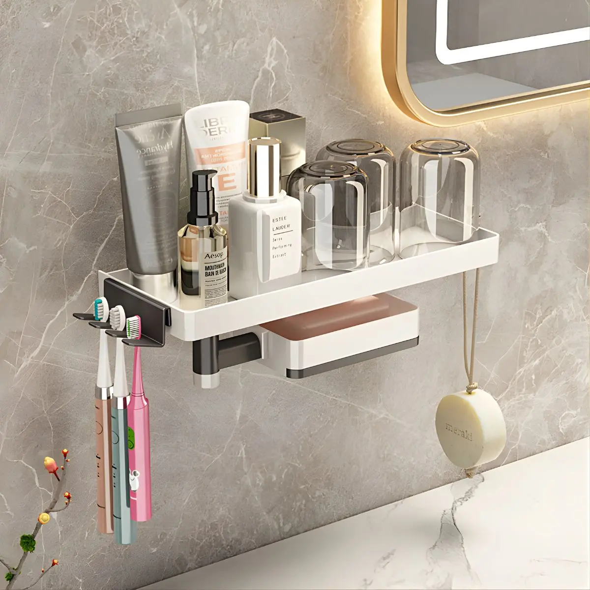 Repisa Organizadora Para Baño Con Porta Cepillos Y Jabonera Giratoria 30 Cm Color Blanco. Organizador 1