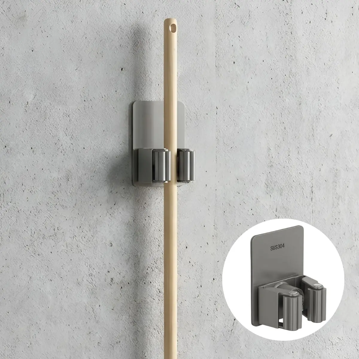 Soporte Gancho Organizador De Pared Para Escoba O Trapeador  Color Gris Con Doble Abrazadera 7.2 × 5 Cm Lavanderia Clip 1