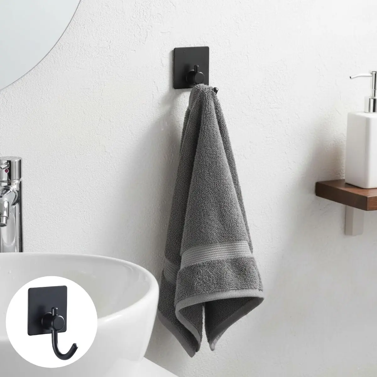 Gancho De Acero Inoxidable 304 Adhesivo 3M Cuadrado 4.5×4.5 Cm Negro Para Baño, Cocina Y Múltiples Espacios. Gancho Para Guindar. 1